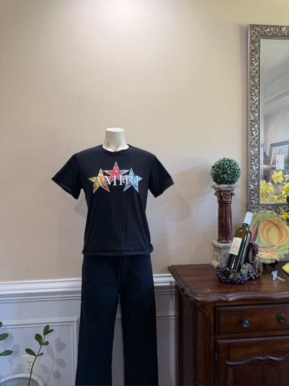 AMIRI Black Crewneck Tee with Multi-Color Star Graphic